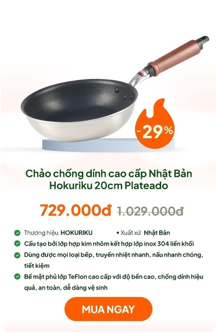 Chảo chống dính cao cấp Nhật Bản Hokuriku 20cm Plateado, dùng được bếp từ